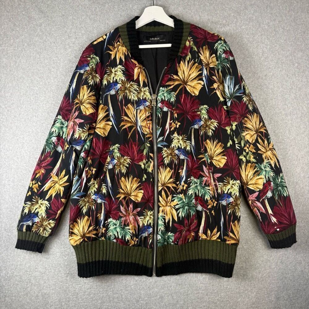 Zara Womens Medium Full Zip Front Bomber Jacket Black Floral Print Multicolor